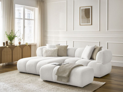 Canapé d'angle fixe PAMIRA tissu bouclette avec pouf