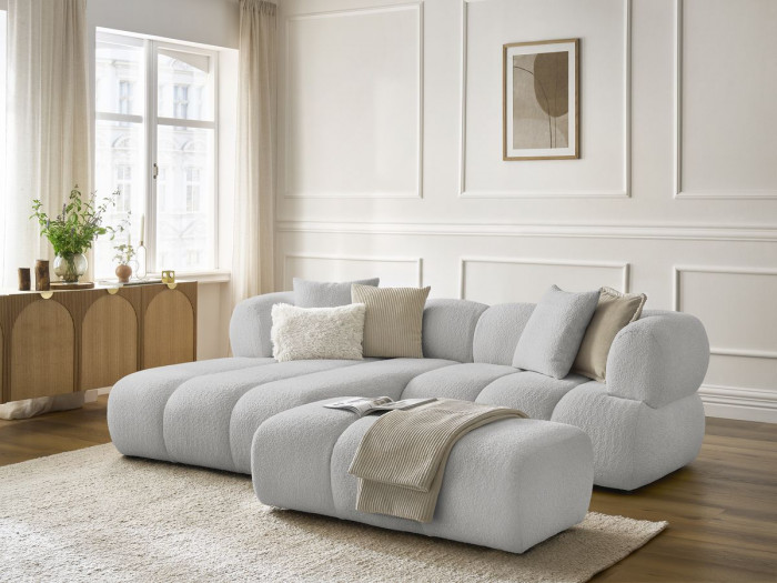 Canapé d'angle fixe PAMIRA tissu bouclette avec pouf