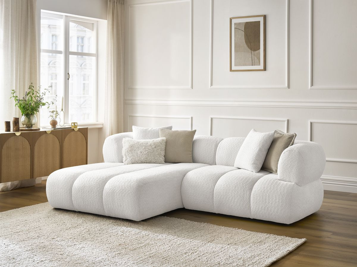 Canapé d'angle fixe PAMIRA tissu bouclette blanc  angle gauche BOBOCHIC 4 places