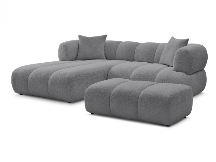 Canapé d'angle fixe PAMIRA tissu bouclette avec pouf