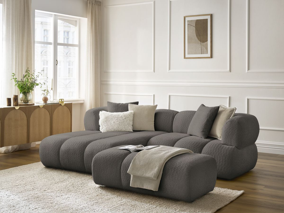 Canapé d'angle fixe PAMIRA tissu bouclette avec pouf marron  angle gauche BOBOCHIC 4 places