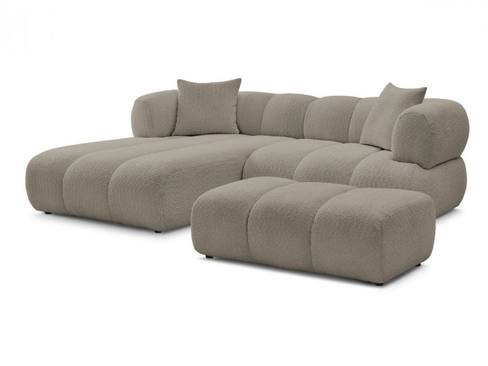 Canapé d'angle fixe PAMIRA tissu bouclette avec pouf