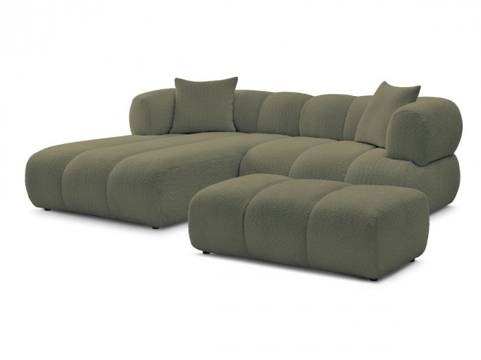 Canapé d'angle fixe PAMIRA tissu bouclette avec pouf