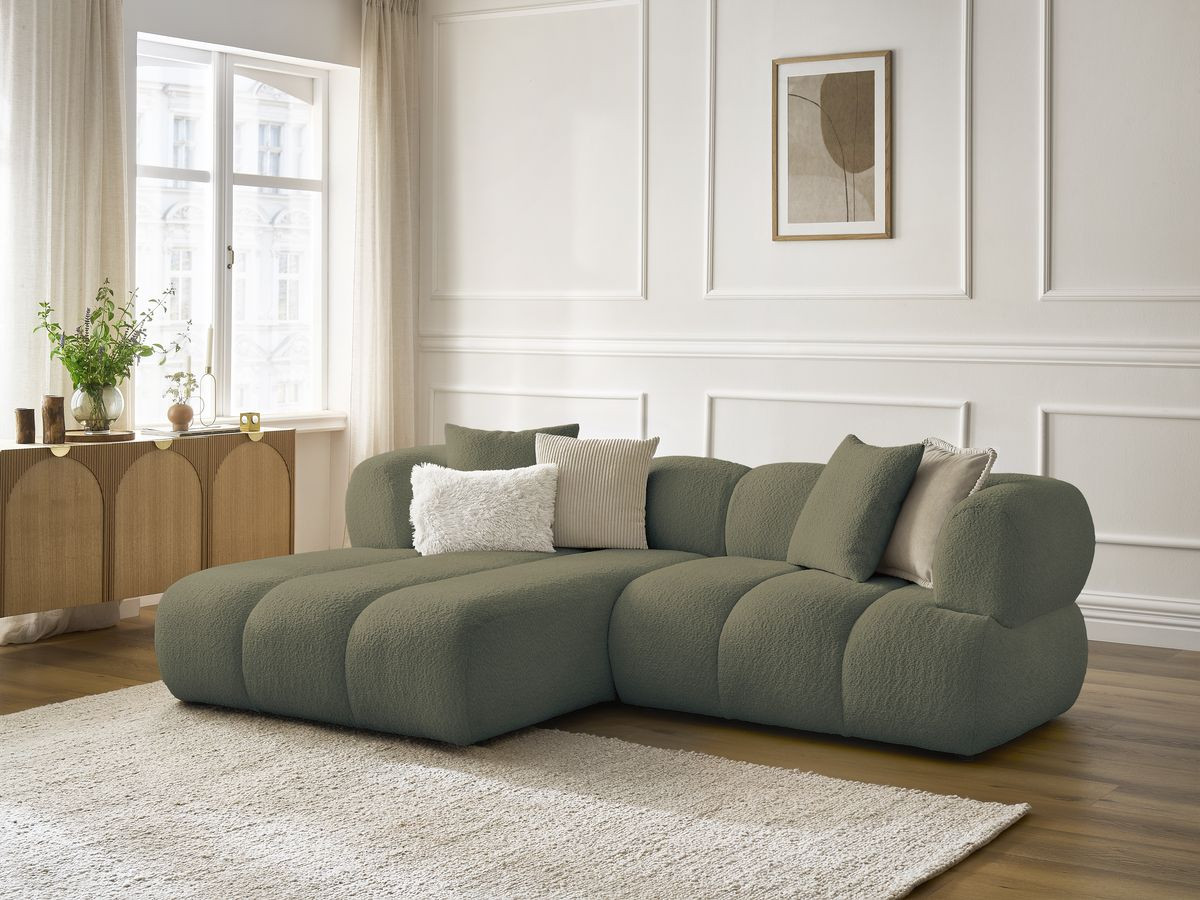 Canapé d'angle fixe PAMIRA tissu bouclette vert  angle gauche BOBOCHIC 4 places