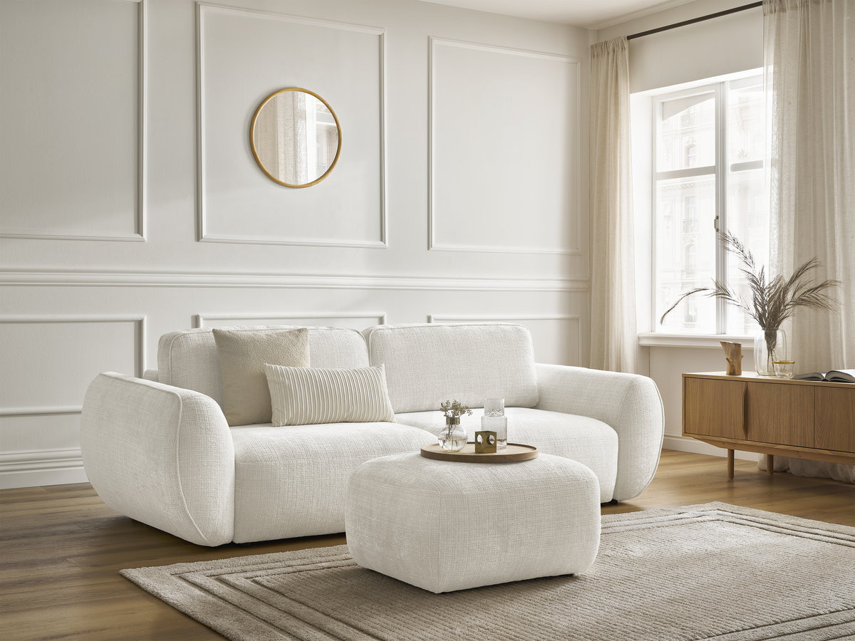 Canapé droit convertible 3 places DENISE texturé avec pouf blanc