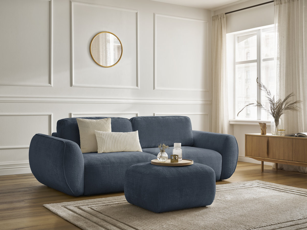 Canapé droit convertible 3 places DENISE texturé avec pouf bleu foncé