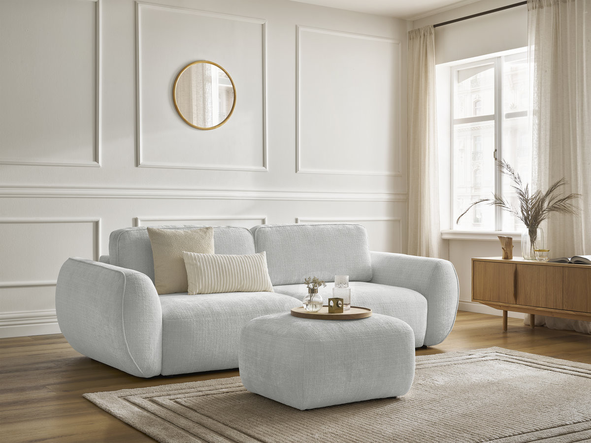 Canapé droit convertible 3 places DENISE texturé avec pouf gris clair