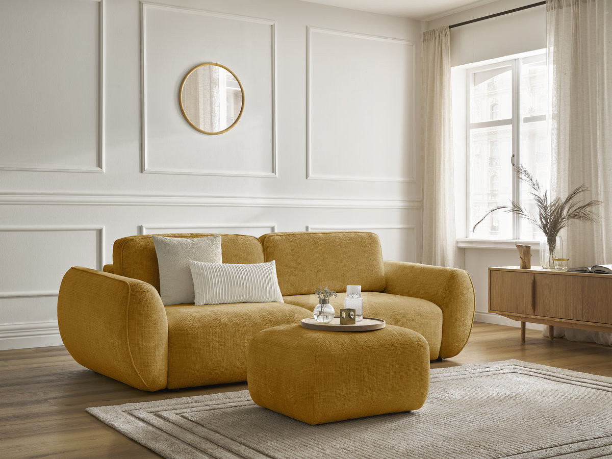 Canapé droit convertible 3 places DENISE texturé avec pouf jaune