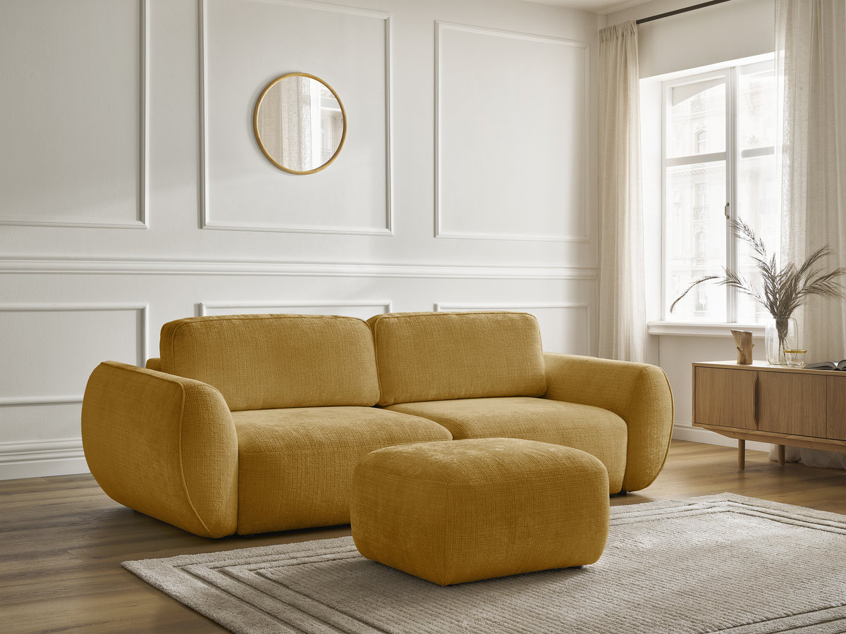 Canapé droit convertible 3 places DENISE texturé avec pouf jaune — vue 6