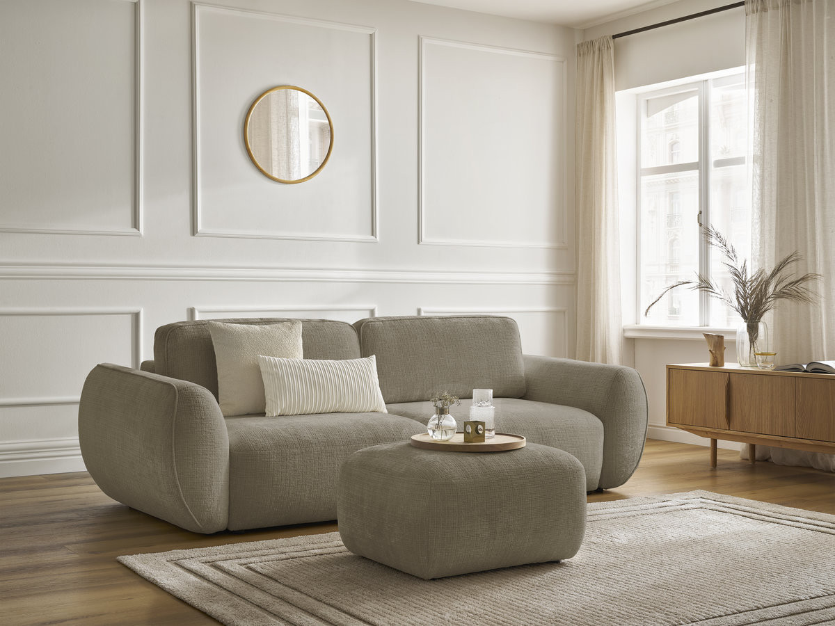 Canapé droit convertible 3 places DENISE texturé avec pouf taupe