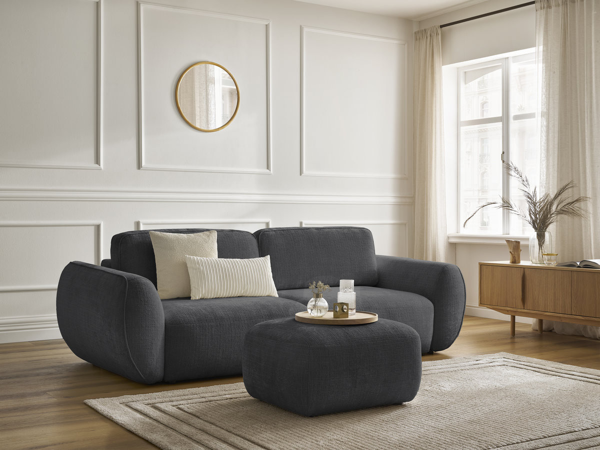 Canapé droit convertible 3 places DENISE texturé avec pouf noir