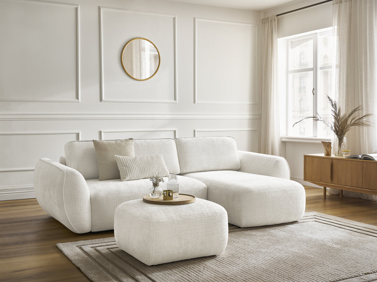 Canapé d'angle convertible DENISE texturé avec pouf blanc