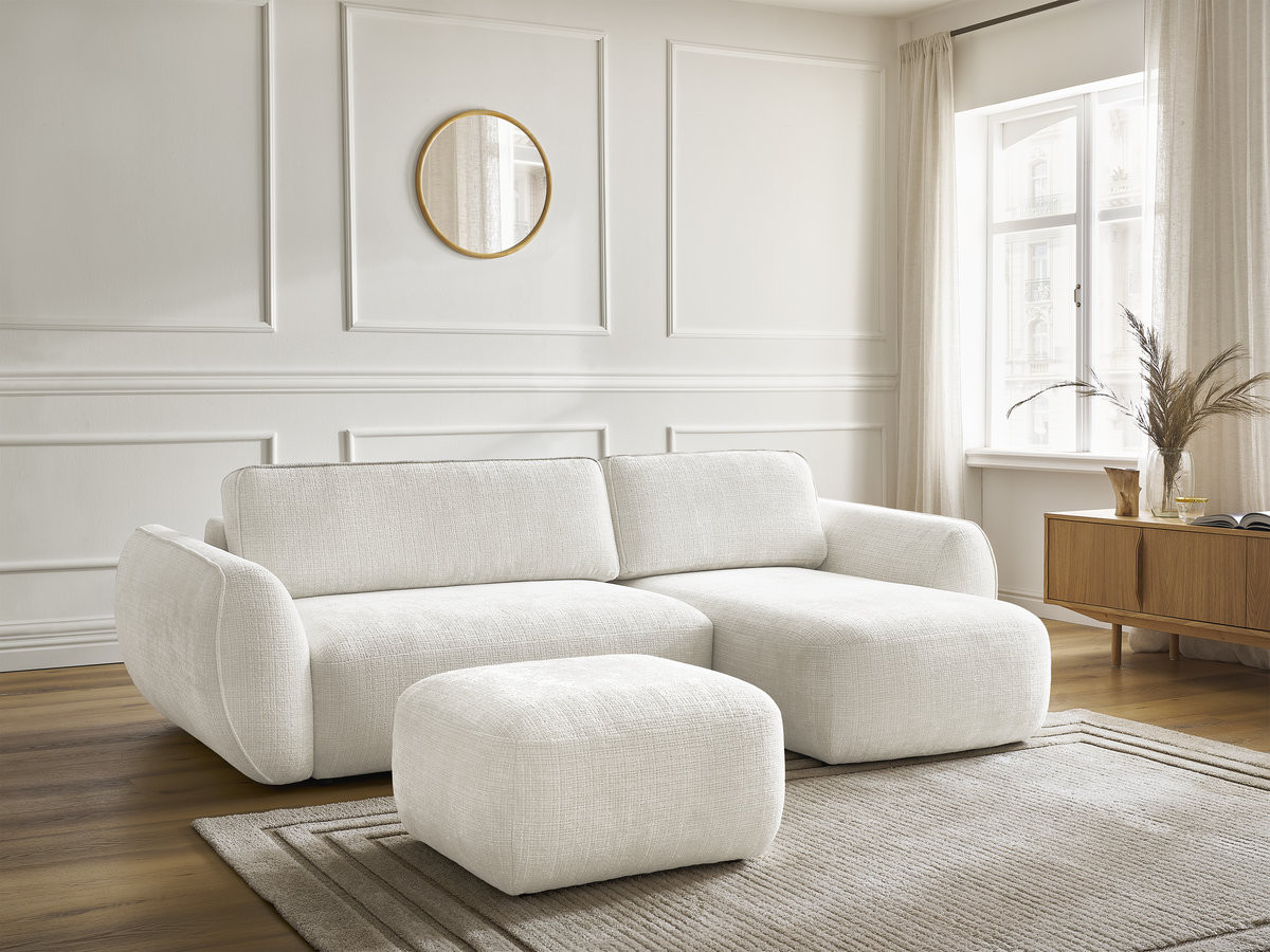 Canapé d'angle convertible DENISE texturé avec pouf blanc — vue 6