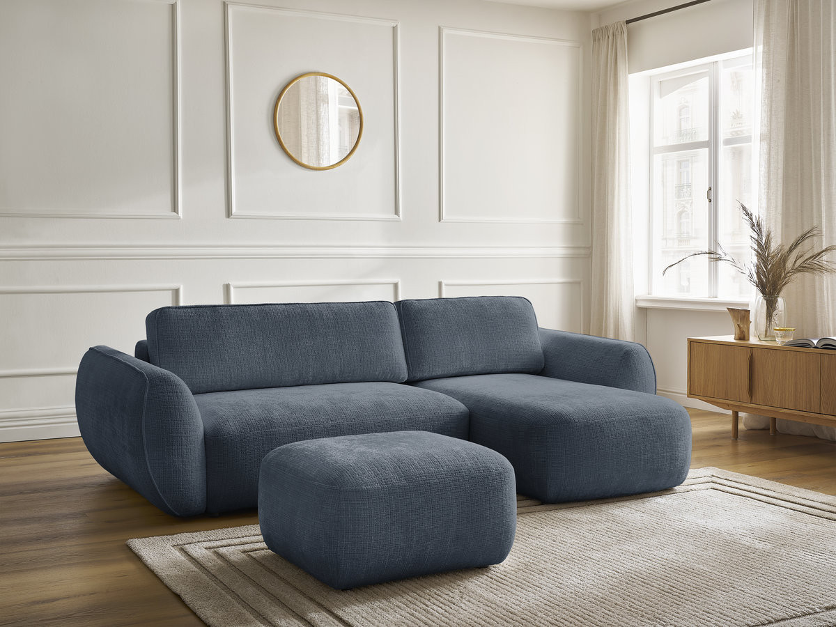 Canapé d'angle convertible DENISE texturé avec pouf bleu foncé — vue 6