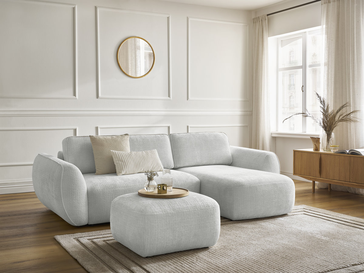 Canapé d'angle convertible DENISE texturé avec pouf gris clair