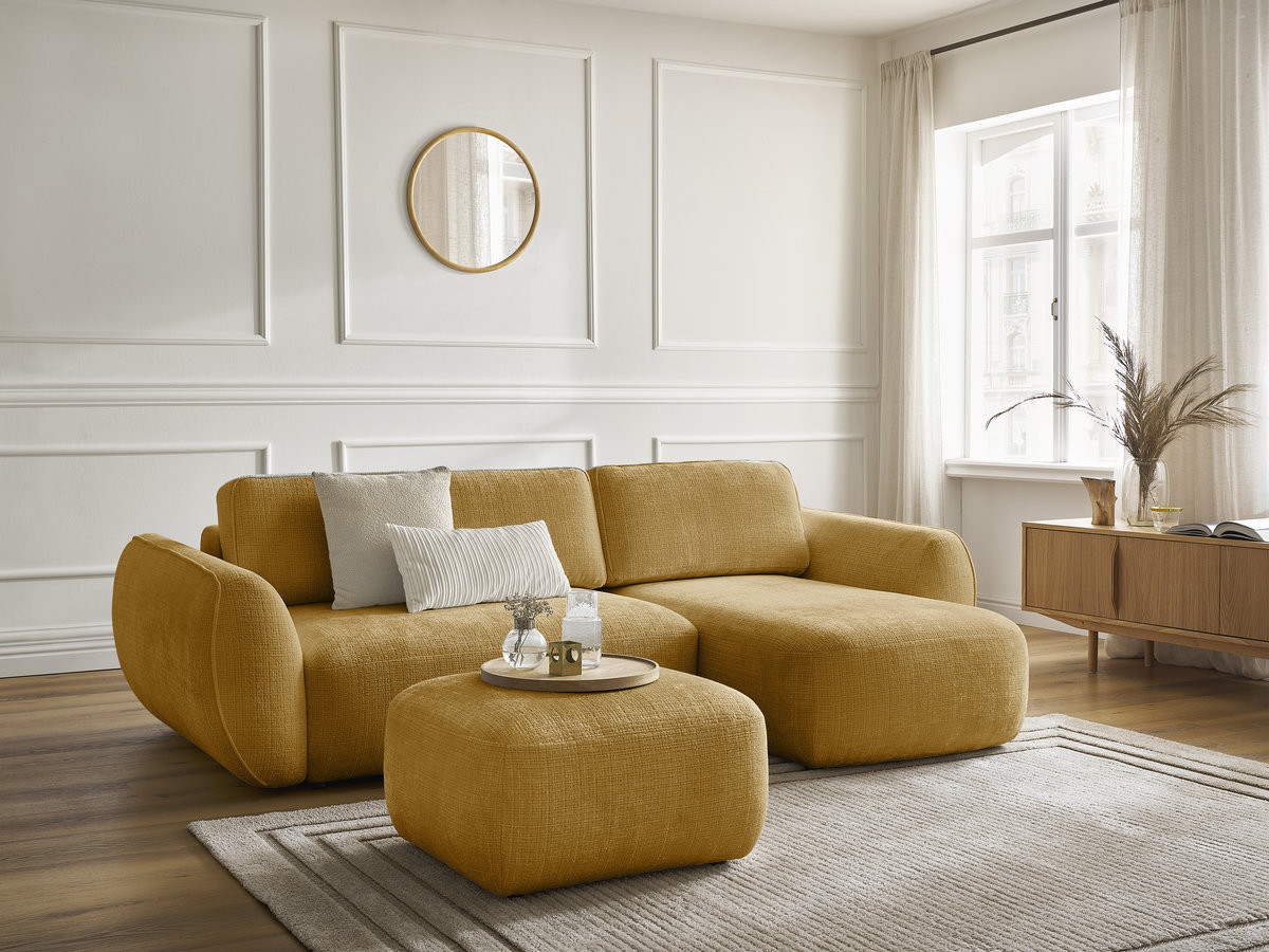 Canapé d'angle convertible DENISE texturé avec pouf jaune