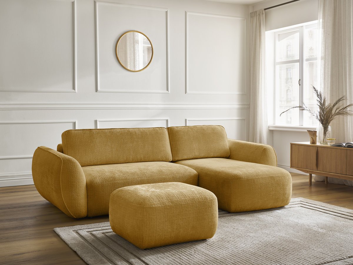 Canapé d'angle convertible DENISE texturé avec pouf jaune — vue 6