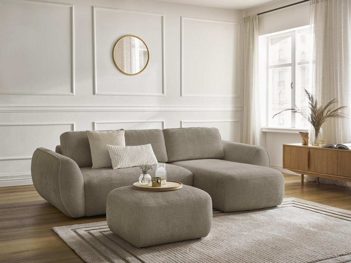 Canapé d'angle convertible DENISE texturé avec pouf taupe