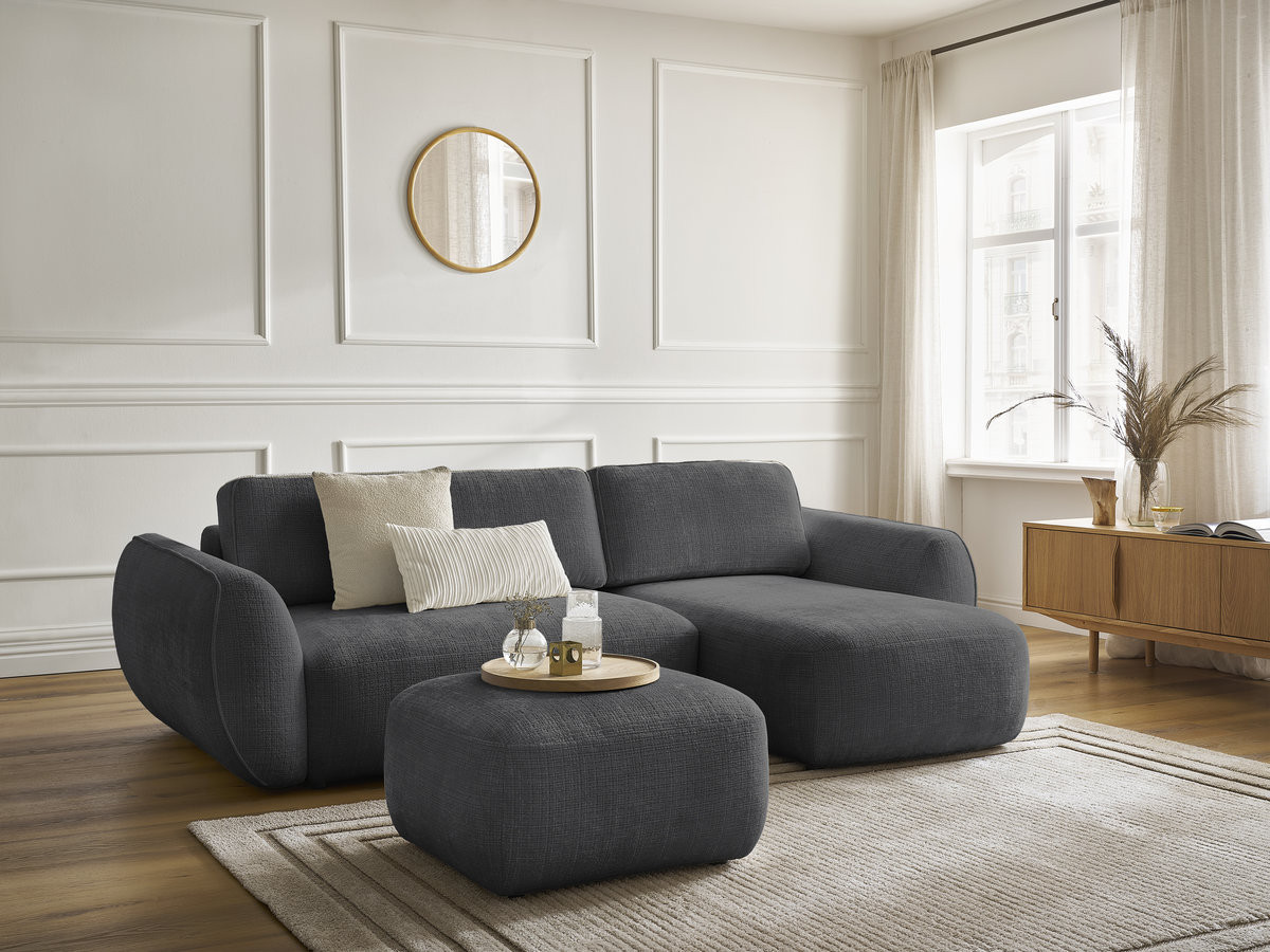 Canapé d'angle convertible DENISE texturé avec pouf noir