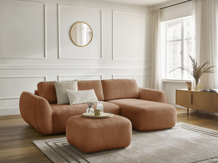 Canapé d'angle convertible DENISE tissu texturé avec pouf