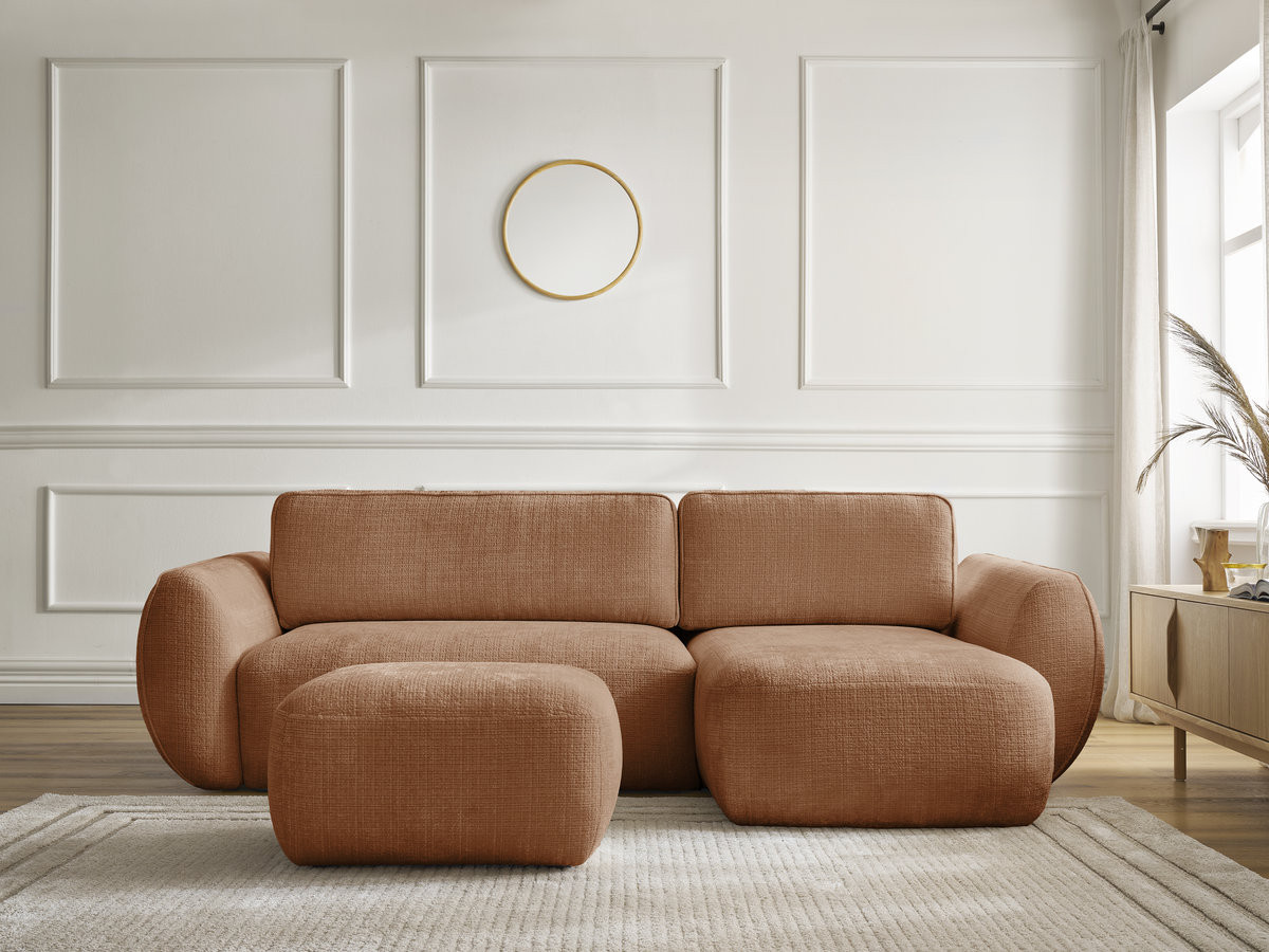 Canapé d'angle convertible DENISE texturé avec pouf orange — vue 5