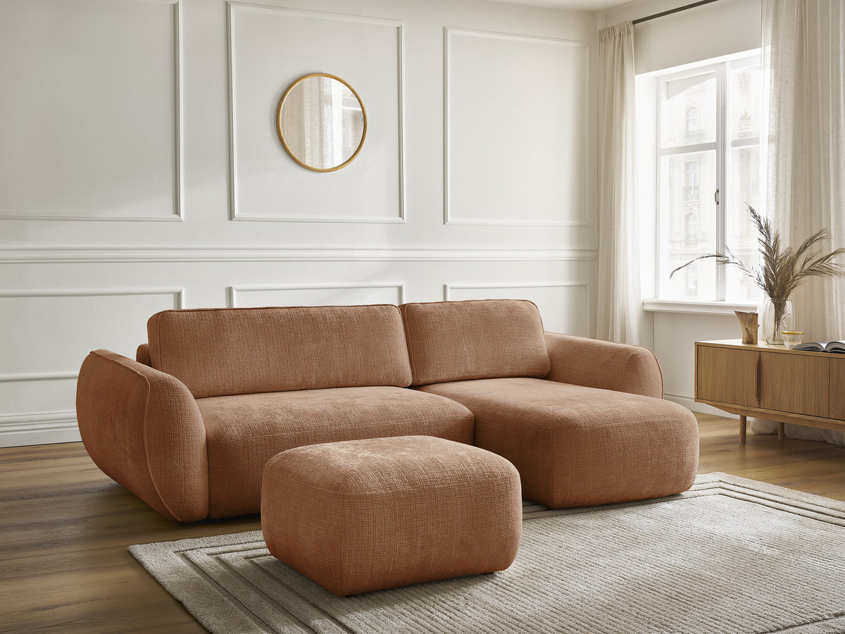 Canapé d'angle convertible DENISE texturé avec pouf orange — vue 6