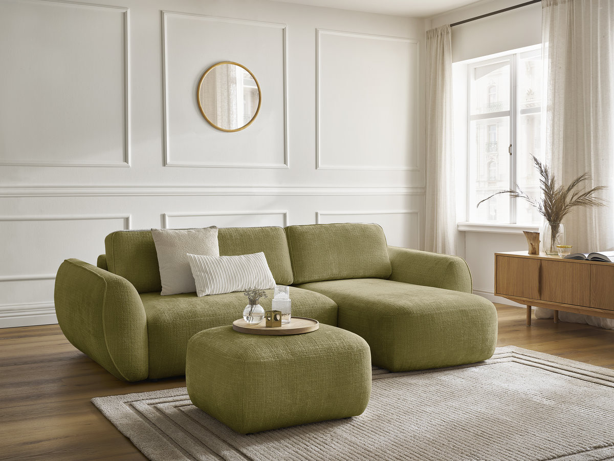 Canapé d'angle convertible DENISE texturé avec pouf vert