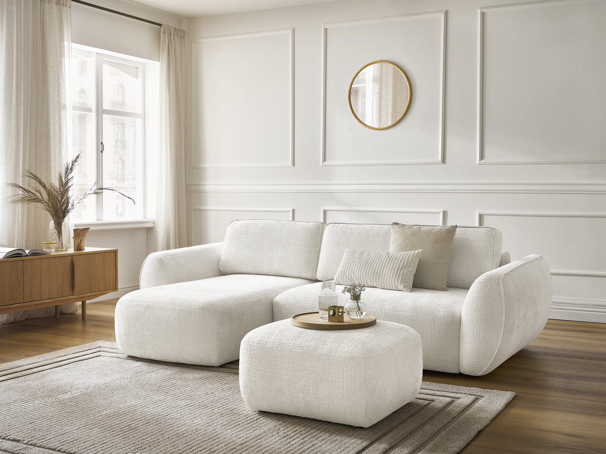 Canapé d'angle convertible DENISE tissu texturé avec pouf blanc angle gauche BOBOCHIC 3 places