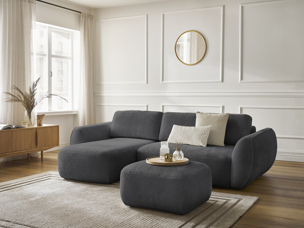 Canapé d'angle convertible DENISE tissu texturé avec pouf noir  angle gauche BOBOCHIC 3 places