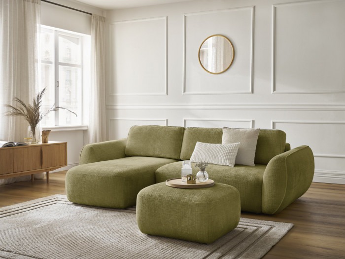 Canapé d'angle convertible DENISE tissu texturé avec pouf