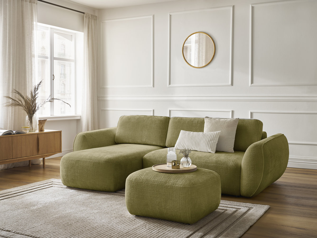 Canapé d'angle convertible DENISE tissu texturé avec pouf vert  angle gauche BOBOCHIC 3 places