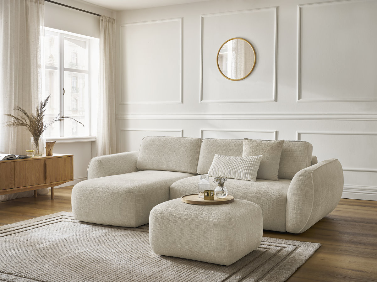 Canapé d'angle convertible DENISE texturé avec pouf beige