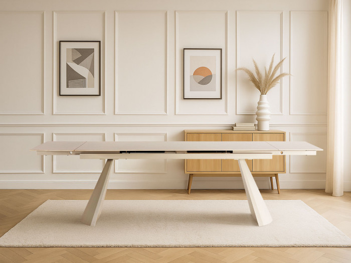 Table à manger extensible 180 à 260 cm ROMEO plateau travertin