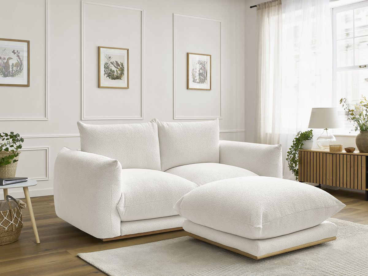 Canapé droit 2 places ERNEST bouclette avec pouf blanc