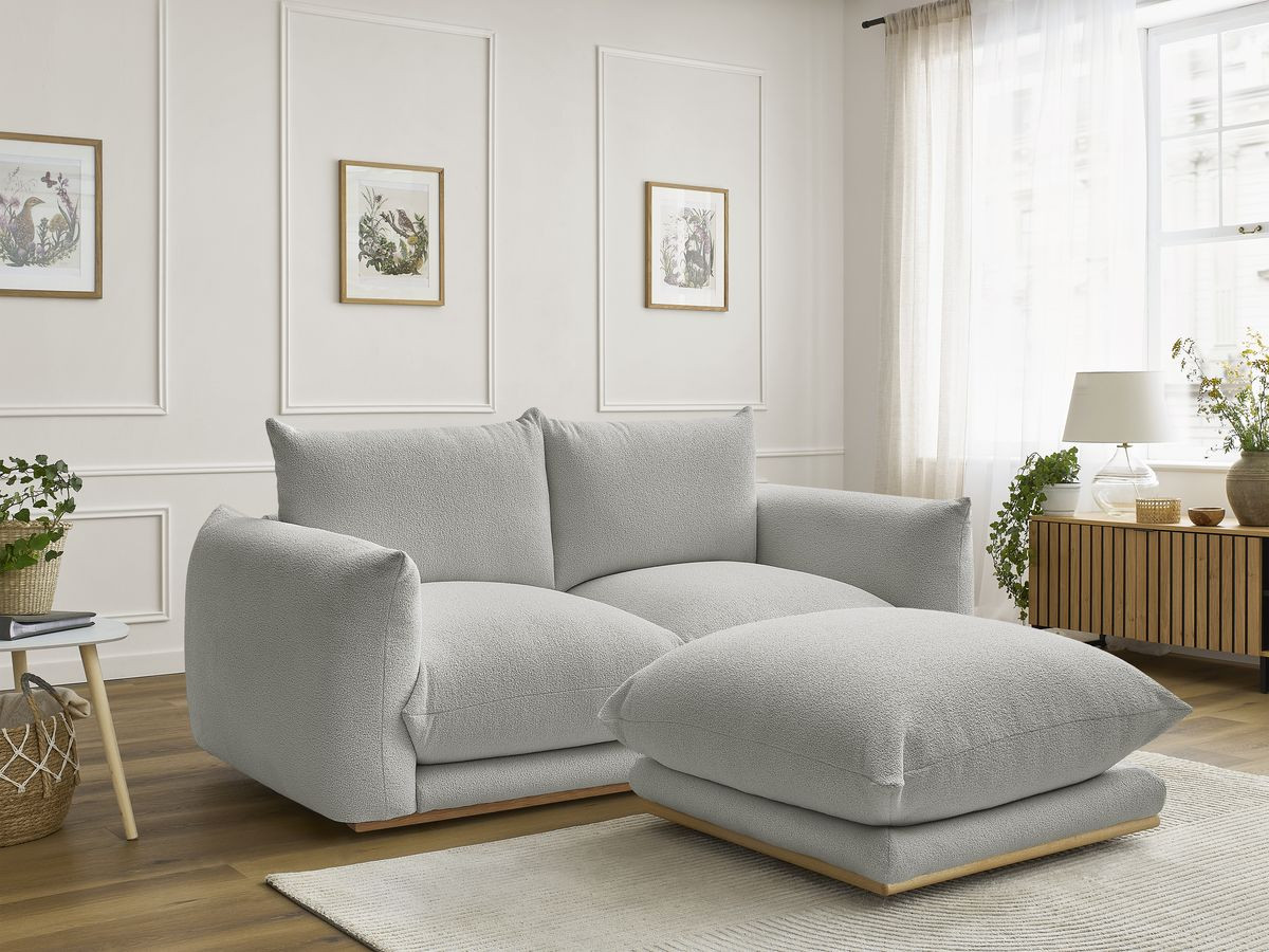 Canapé droit 2 places ERNEST bouclette avec pouf gris clair