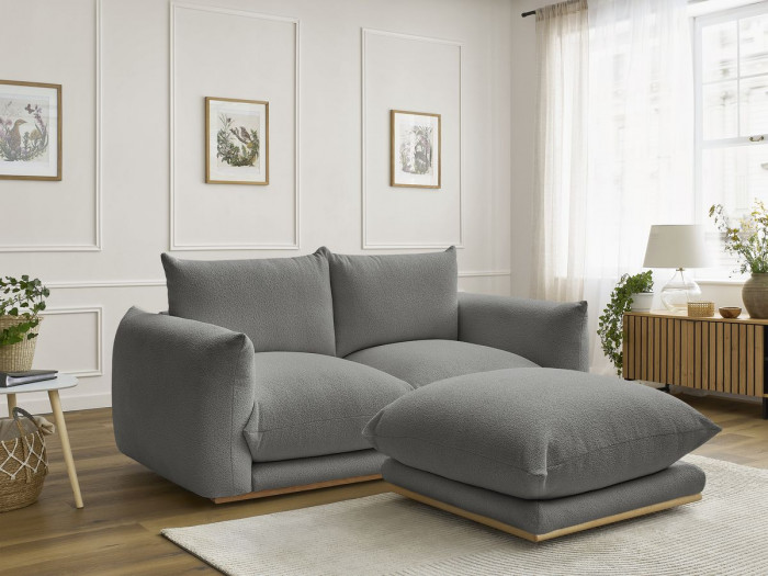 Canapé droit fixe 2 places ERNEST tissu bouclette avec pouf