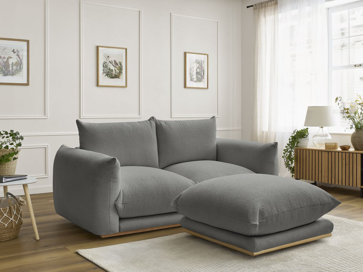 Canapé droit 2 places ERNEST bouclette avec pouf gris foncé