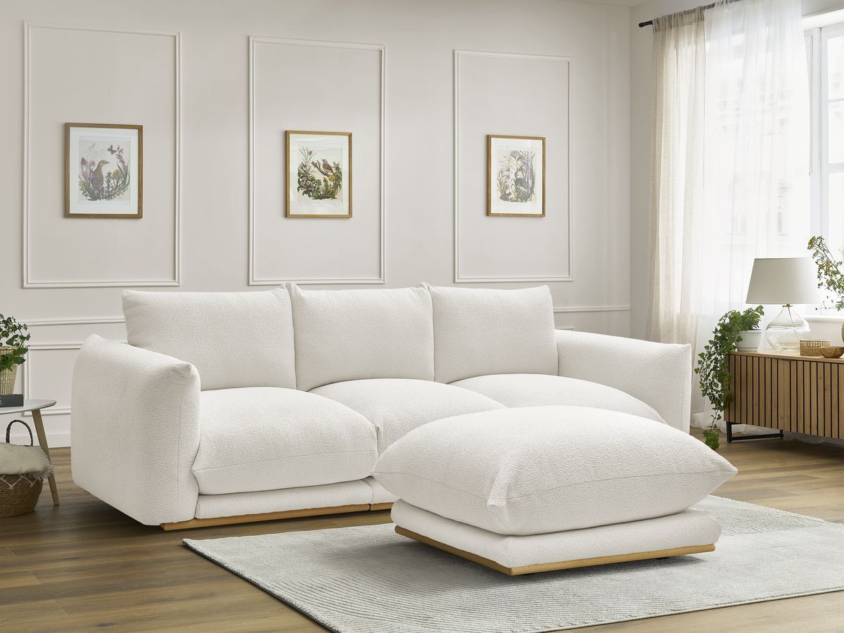 Canapé droit 3 places ERNEST bouclette avec pouf blanc