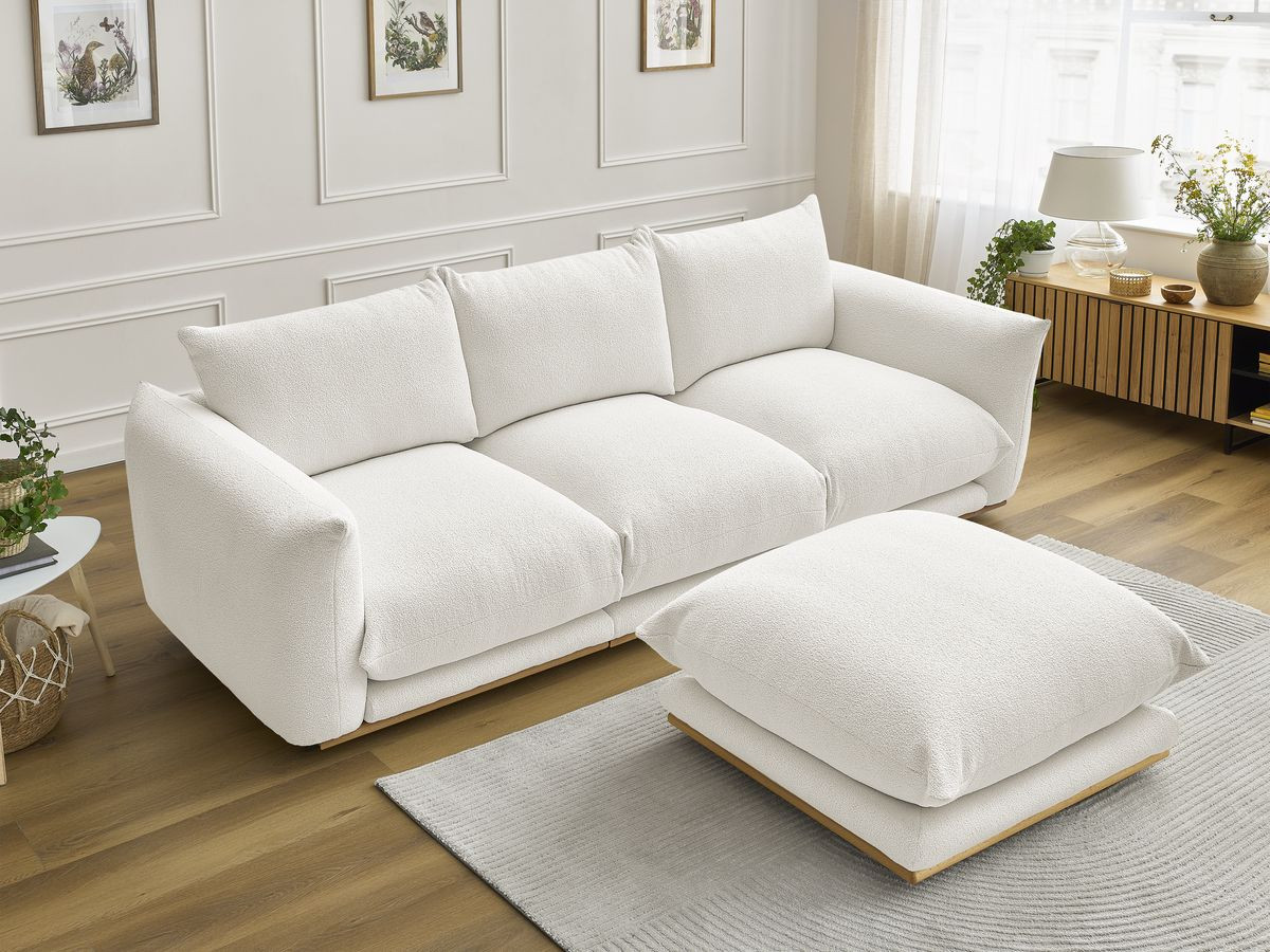 Canapé droit 3 places ERNEST bouclette avec pouf blanc — vue 6