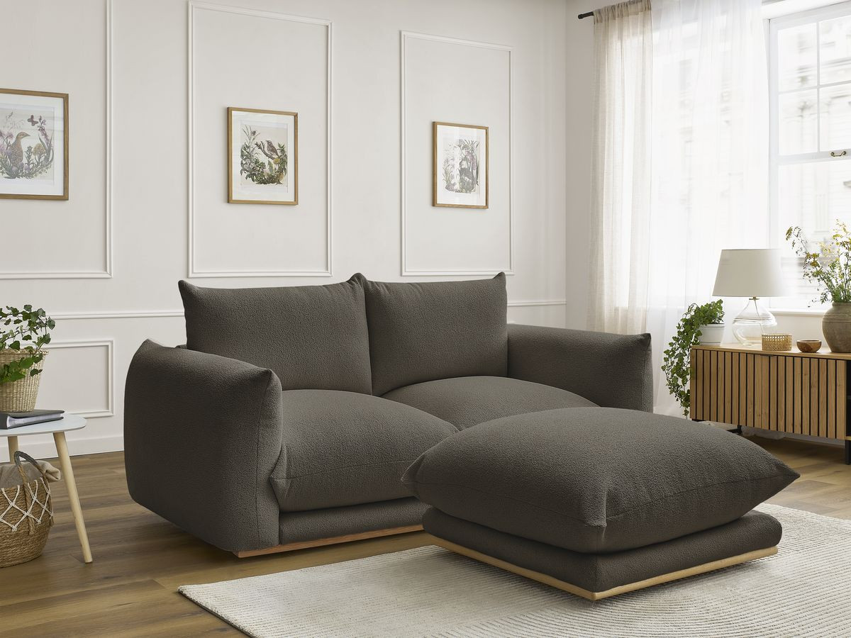 Canapé droit 2 places ERNEST bouclette avec pouf marron