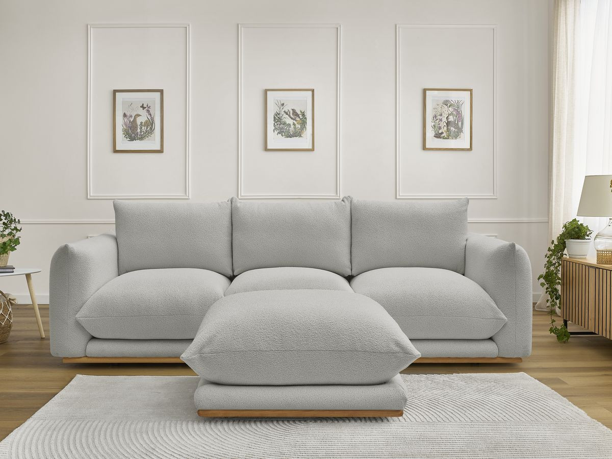 Canapé droit 3 places ERNEST bouclette avec pouf gris clair — vue 5