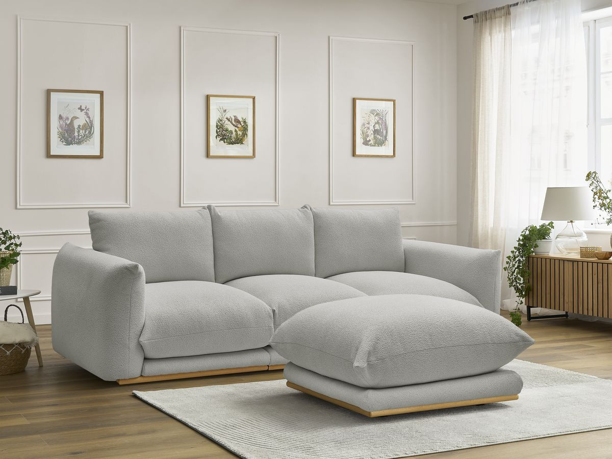 Canapé droit 3 places ERNEST bouclette avec pouf gris clair