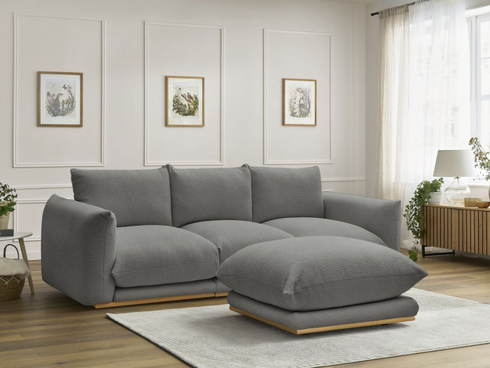 Canapé droit fixe 3 places ERNEST tissu bouclette avec pouf