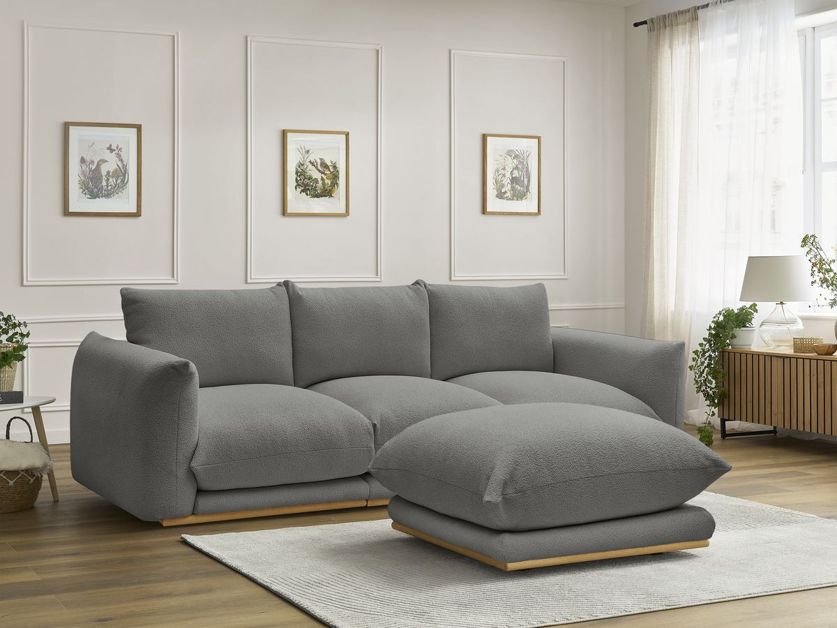 Canapé droit 3 places ERNEST bouclette avec pouf gris foncé