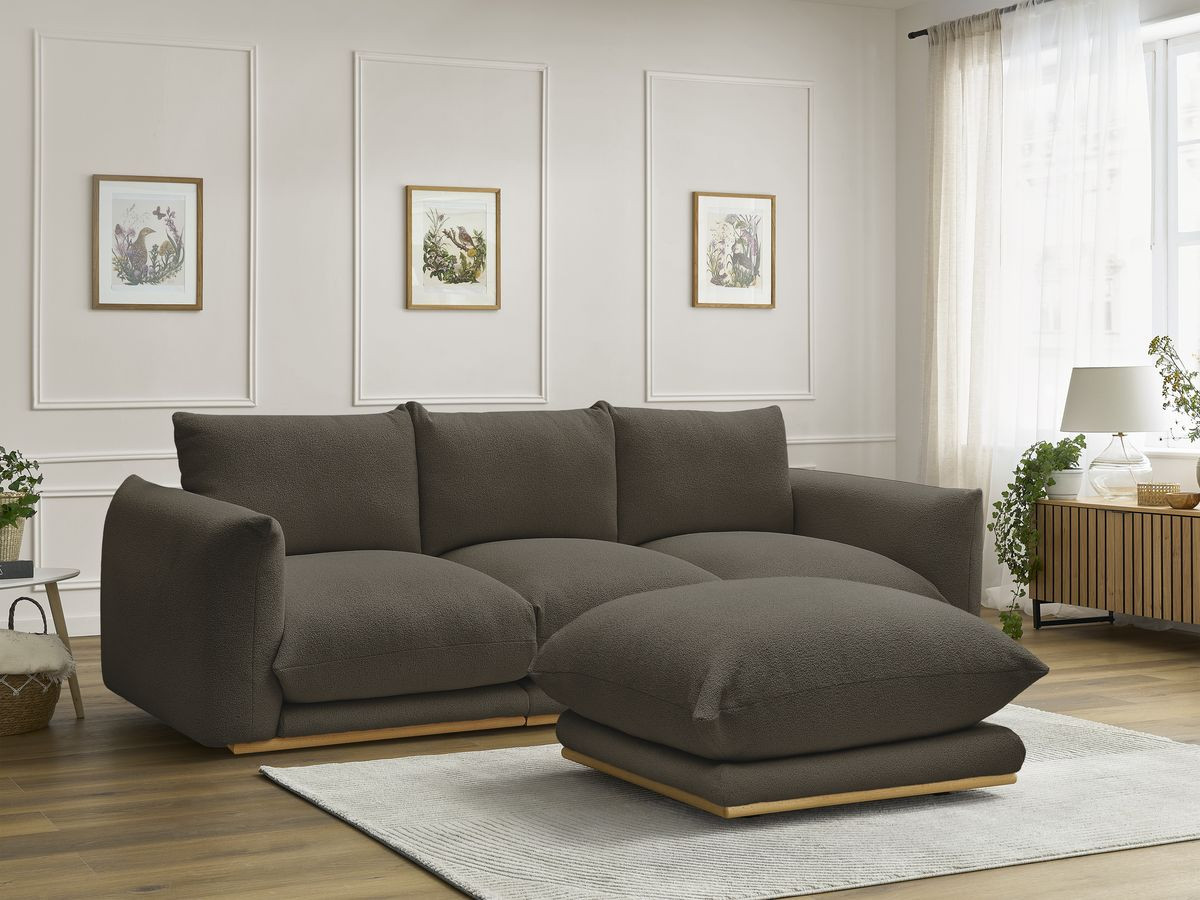 Canapé droit 3 places ERNEST bouclette avec pouf marron