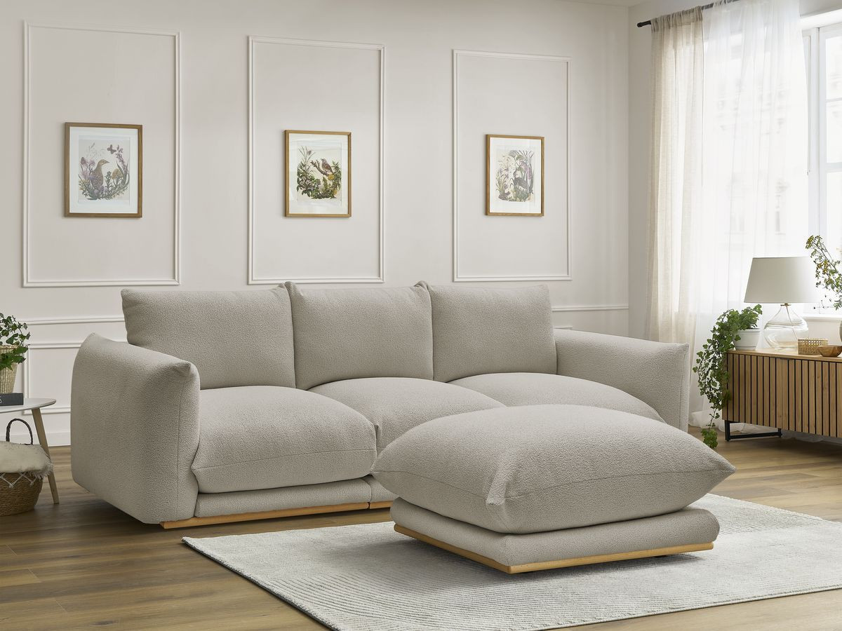 Canapé droit 3 places ERNEST bouclette avec pouf taupe