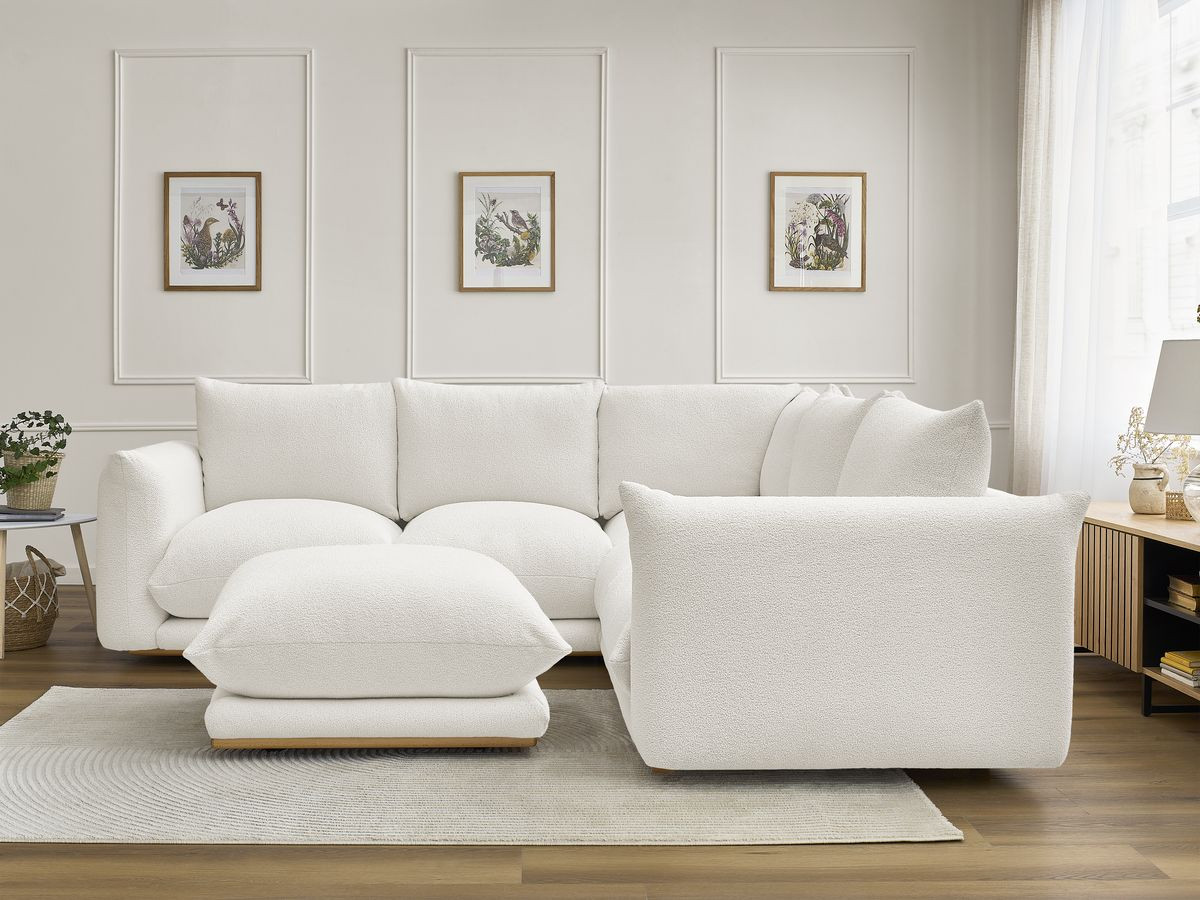Canapé d'angle ERNEST bouclette avec pouf blanc
