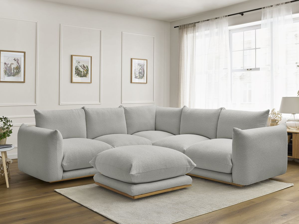 Canapé d'angle ERNEST bouclette avec pouf gris clair