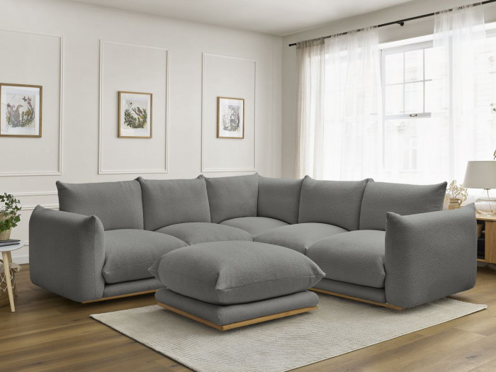 Canapé d'angle fixe ERNEST tissu bouclette avec pouf