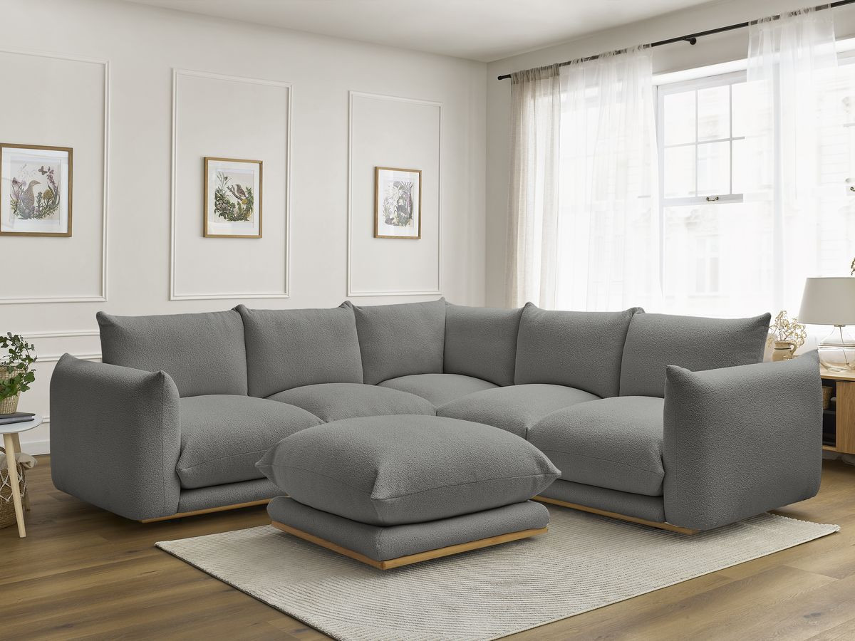 Canapé d'angle ERNEST bouclette avec pouf gris foncé